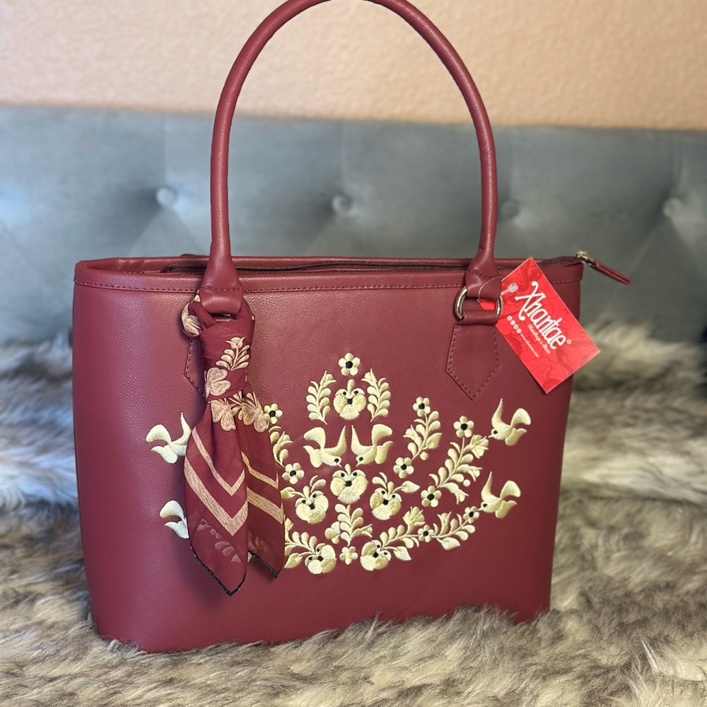 Burgundy Embroidered Tote Bag